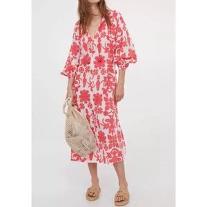 H & M pink/orange floral print long sleeve kaftan midi Dress